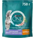 Сухой корм Purina One для кошек для красивой шерсти и здоровой кожи с курицей, 750г