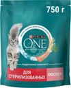 Корм сухой Purina ONE с лососем и пшеницей для взрослых стерилизованных кошек, 750г
