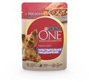 Корм для собак Purina ONE Мини Чувствительное пищеварение влажный с лососем рисом и морковью для мелких пород, 85 г