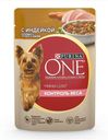 Влажный корм Purina One Мини Контроль веса для взрослых собак мелких пород с низкой физической активностью или склонных к набору веса с индейкой морковью и горохом в подливе 85 г