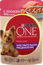 Корм влажный для взрослых собак PURINA ONE Mini Чувствительная Лосось, рис и морковь в подливе, 85г