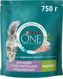 Корм сухой для взрослых кошек PURINA ONE с чувствительным пищеварением и разборчивым вкусом в еде, с высоким содержанием индейки и рисом