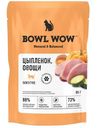 Корм Bowl Wow кусочки в соусе с цыплёнком и овощами консервированный полнорационный для кошек с чувствительным пищеварением, 85г