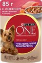 Корм влажный Purina one Мини чувствительное пищеварение с лососем-рисом-морковью в подливе для собак 85г