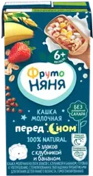 Кашка мультизлаковая ФРУТОНЯНЯ Пред сном, молочная из пяти злаков с клубникой и бананом, с 6 месяцев