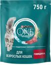 Корм сухой для взрослых кошек PURINA ONE Adult с говядиной с цельными злаками, 750г