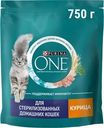 Корм сухой Purina One с курицей и цельными злаками для стерилизованных домашних кошек 750г