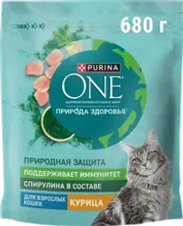 Корм сухой для взрослых кошек PURINA ONE Природа здоровья со спирулиной, с высоким содержанием курицы