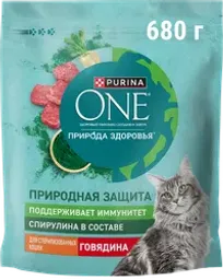 Корм сухой для взрослых кошек PURINA ONE Природа здоровья со спирулиной, для стерилизованных и кастрированных, с высоким содержанием говядины