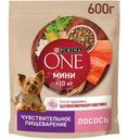 Сухой корм Purina One для собак мелких пород с чувствительным пищеварением с лососем и рисом, 600г