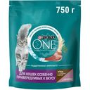 Сухой корм Purina One для кошек особенно привередливых к вкусу с уткой и печенью, 750г
