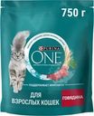 Корм сухой Purina ONE с говядиной с цельными злаками для взрослых кошек 750г