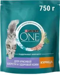 Корм сухой для взрослых кошек PURINA ONE для красивой шерсти, здоровой кожи и контроля образования волосяных комков, с высоким содержанием курицы и цельными злаками