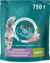 Корм сухой для взрослых кошек PURINA ONE Sensitive Индейка и рис, с чувствительным пищеварением, 750г