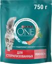 Корм сухой Purina One с лососем и пшеницей для взрослых стерилизованных кошек 750г