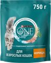 Корм сухой для взрослых кошек PURINA ONE Adult с курицей и цельными злаками, 750г