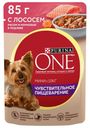 Влажный корм Purina ONE Мини с лососем рисом и морковью в подливе для взрослых собак мелких пород с чувствительным пищеварением 85 г