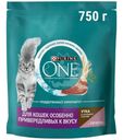 Корм сухой Purina ONE с уткой и печенью для взрослых кошек, привередливых к вкусу, 750г